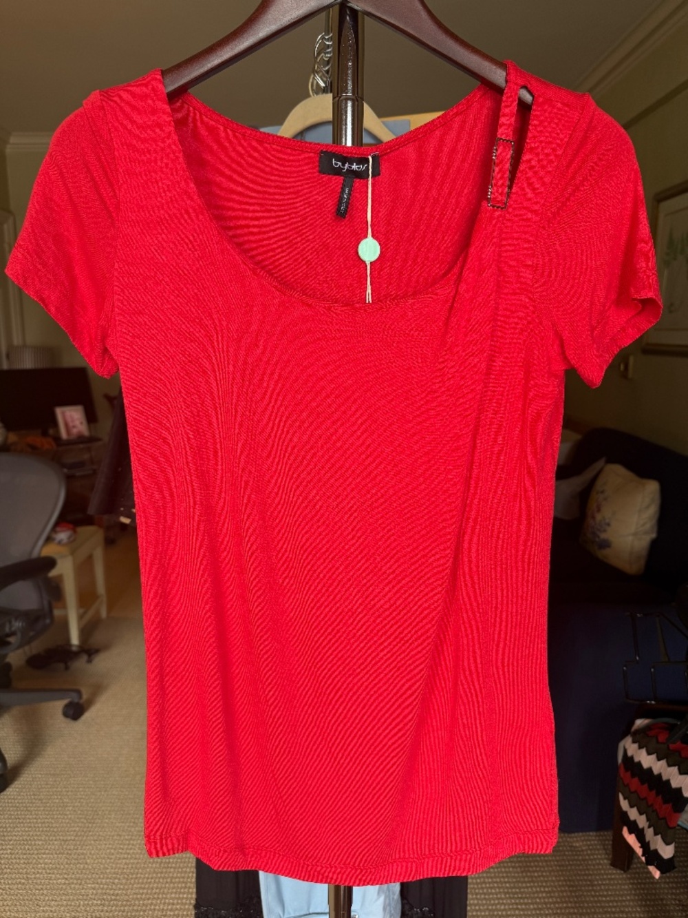 Byblos Neon Red Asymmetric Buckle Top – Made in Italy (NWT)